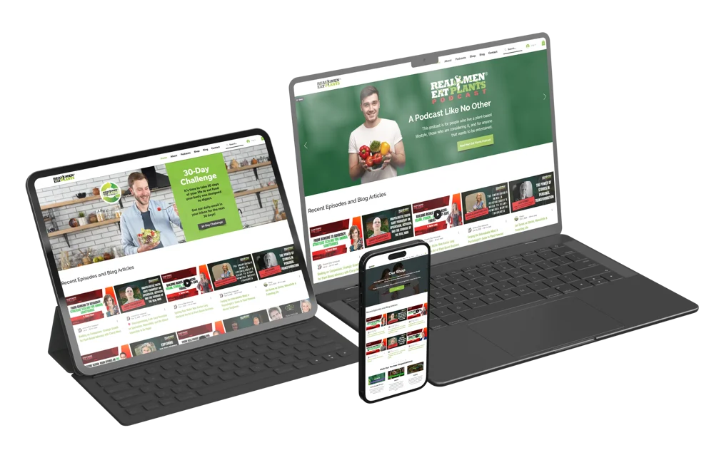 The Real Men Eat Plants website on a laptop and phone