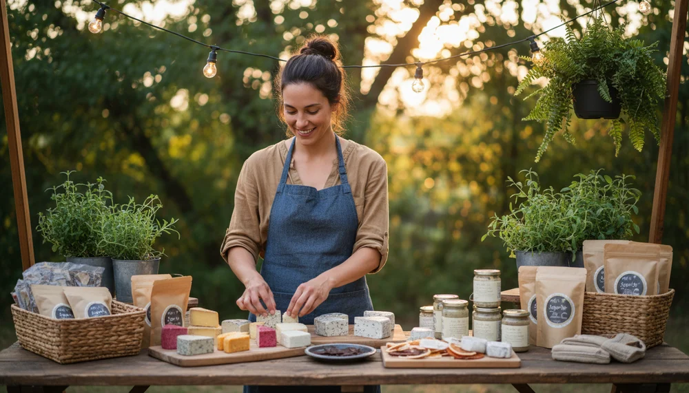 A maker arranging plant-based products on a market stall