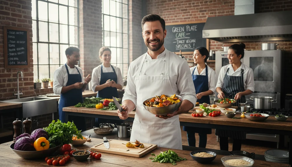 A chef in a plant-based restaurant kitchen